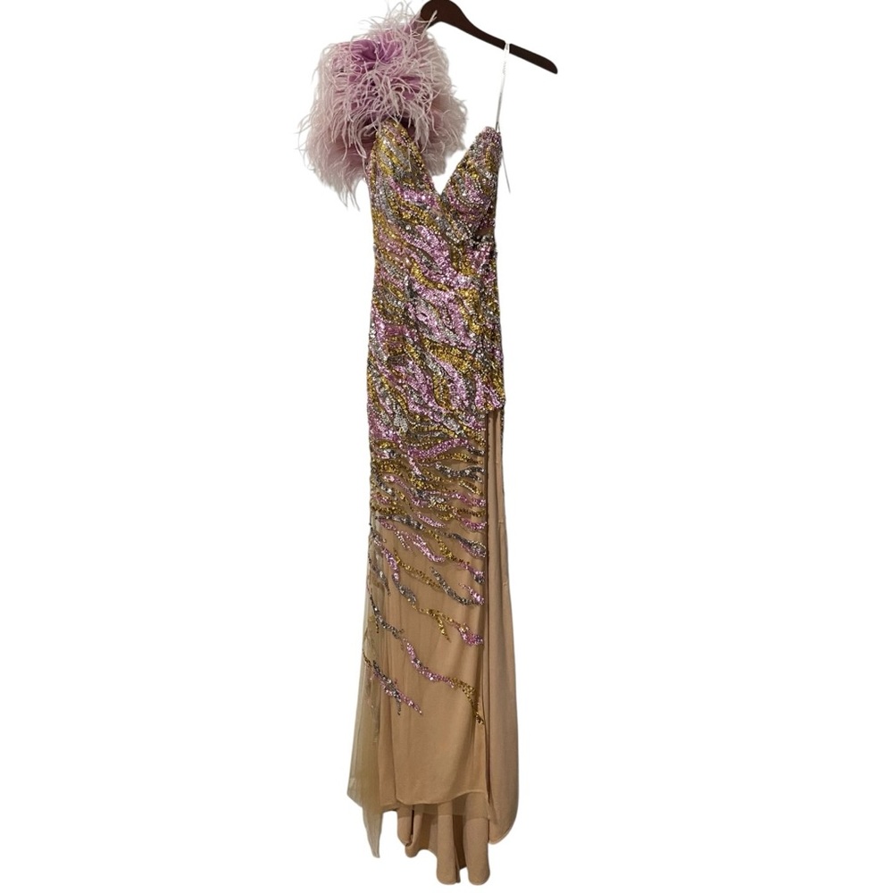 NWT Jovani Rhinestone & Sequin Embelished Pink Silver Gold Tan Maxi Dress Size 4 - Picture 5 of 7